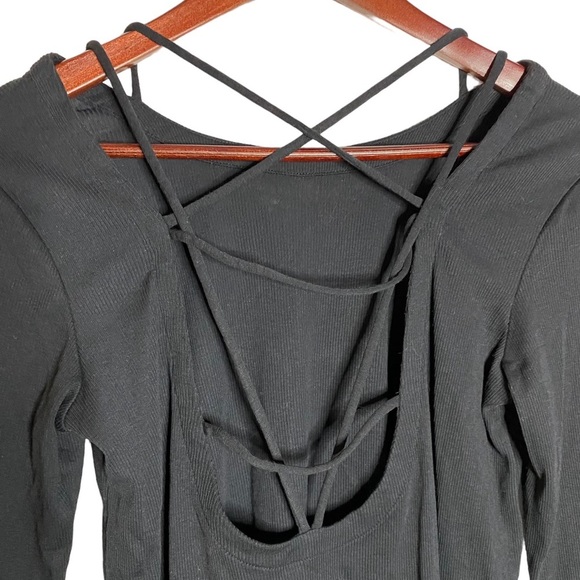 Chaser Ribbed Black Tunic Long Sleeve T-Shirt w Open Back Criss Cross Straps M - Picture 3 of 16